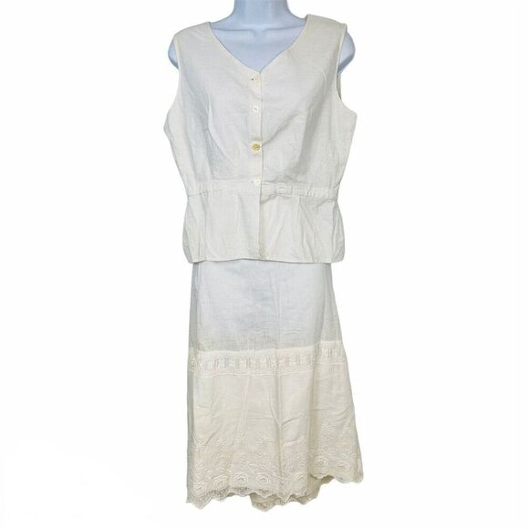 Antique Skirt Top Set Small Off White Maxi Skirt Sleeveless Top Linen Muslin Lac - Picture 1 of 12
